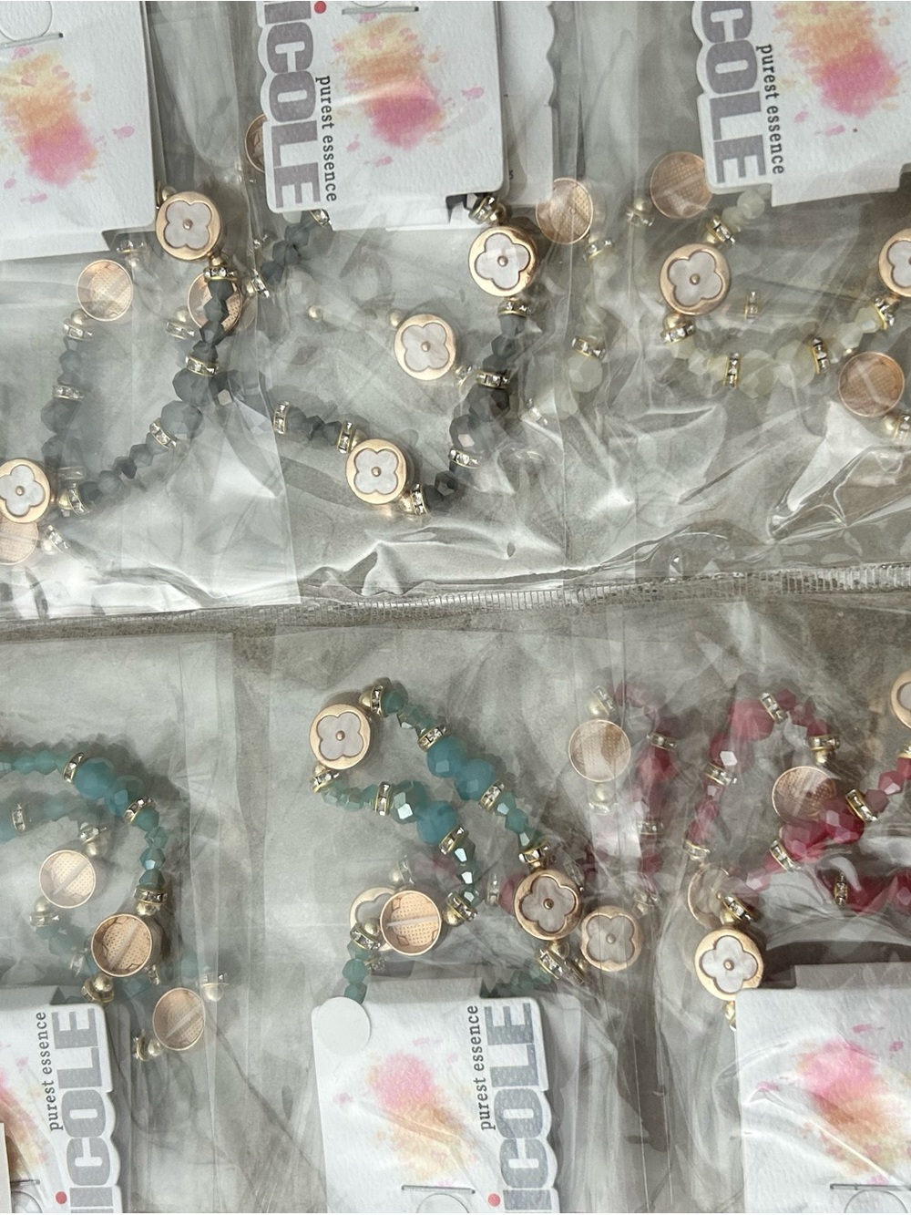 4/$100 CLOVER Multi-Strand Beaded Bracelet with Floral Charm - Teal & Red
